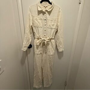 Cream Button-Up Jumpsuit with Belt
